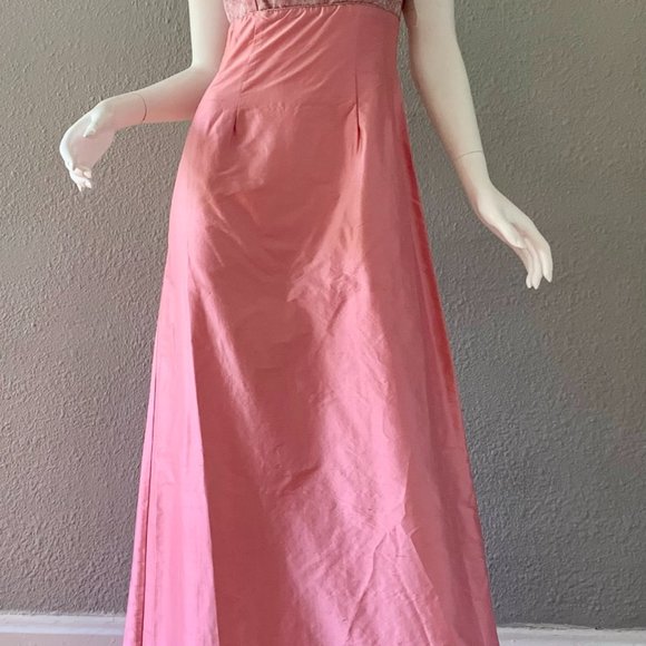 NOS Vintage WEDDING Pink SILK Empire Bridal DAMASK Formal Prom Dress XS - Picture 4 of 11